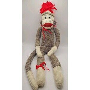 Handmade Sock Monkey Plush — Brown/Cream Knit, Red Yarn Mouth & Hat, 24"